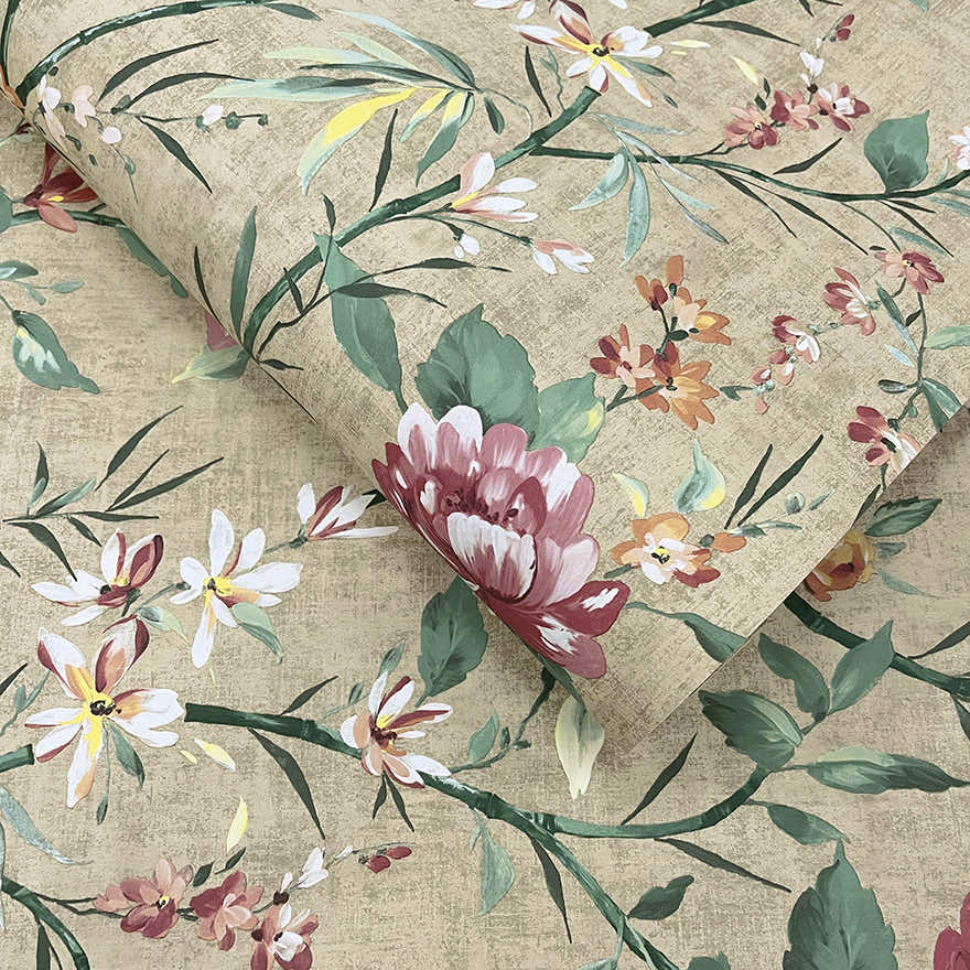 Sazanka - Japanese Floral Wallpaper - Taupe