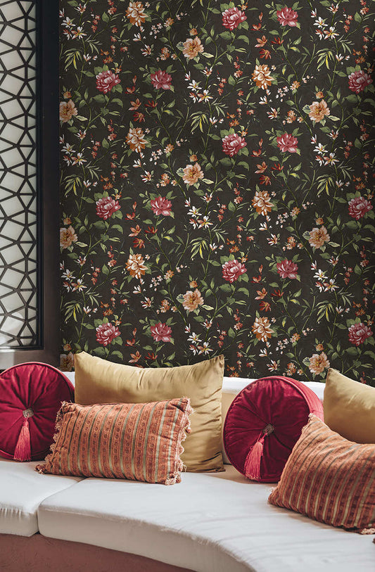 Sazanka - Japanese Floral Wallpaper - Charcoal