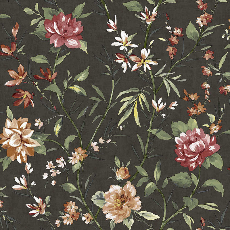 Sazanka - Japanese floral wallpaper -Charcoal