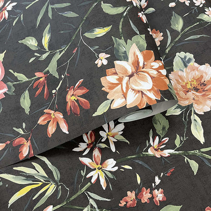 Sazanka - Japanese Floral Wallpaper - Charcoal