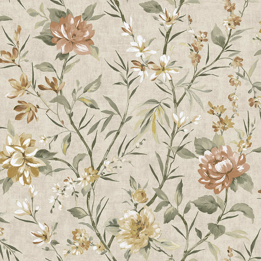 Sample - Sazanka - Japanese Floral Wallpaper - Neutral/Orange