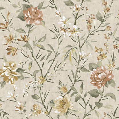 Sazanka - Japanese Floral Wallpaper - Neutral/Orange