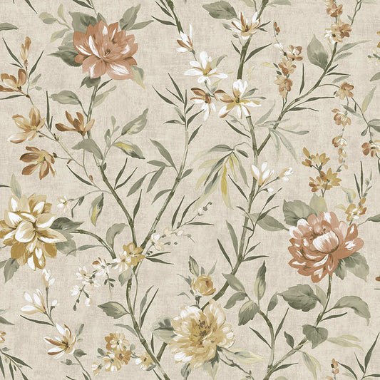 Sazanka - Japanese Floral Wallpaper - Neutral/Orange