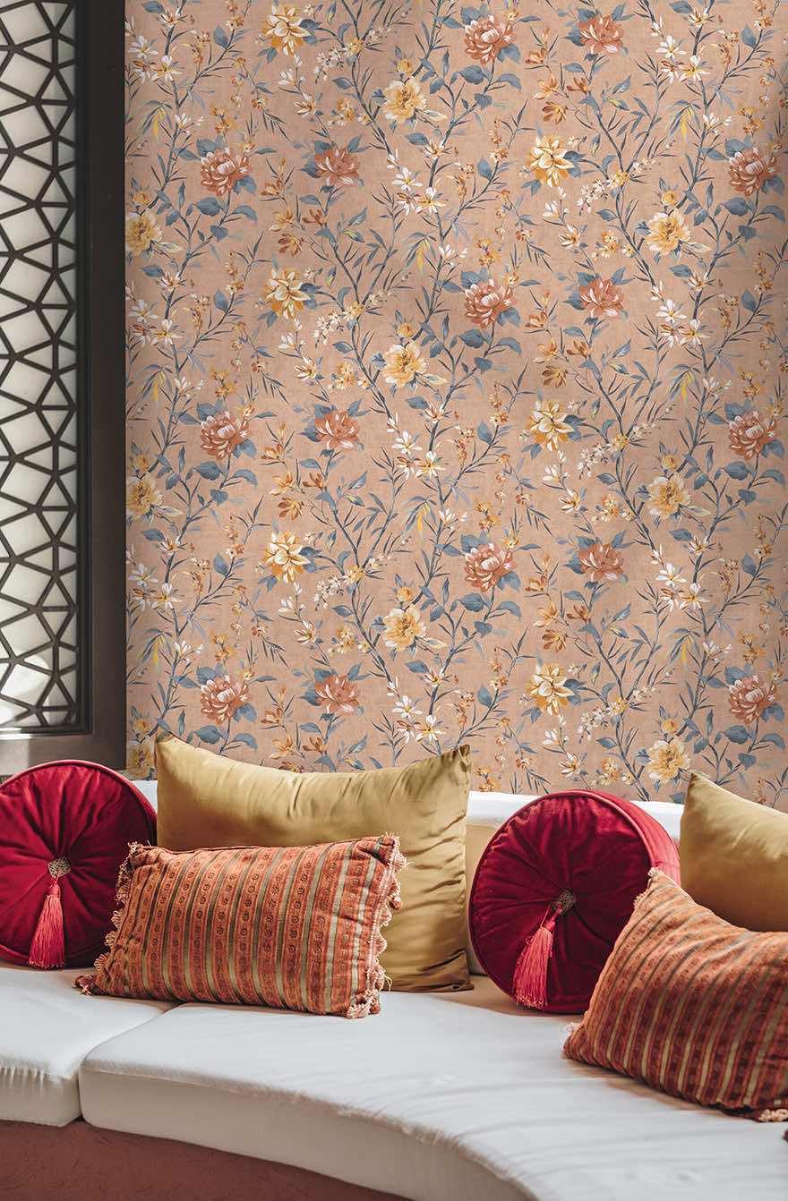 Sazanka - Japanese Floral Wallpaper - Coral