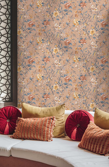 Sazanka - Japanese Floral Wallpaper - Coral