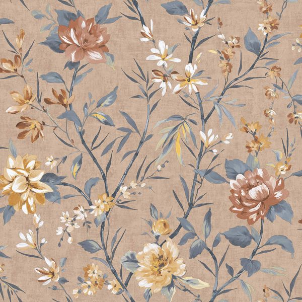 Sample - Sazanka - Japanese floral wallpaper -Coral