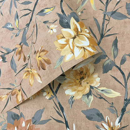 Sazanka - Japanese Floral Wallpaper - Coral