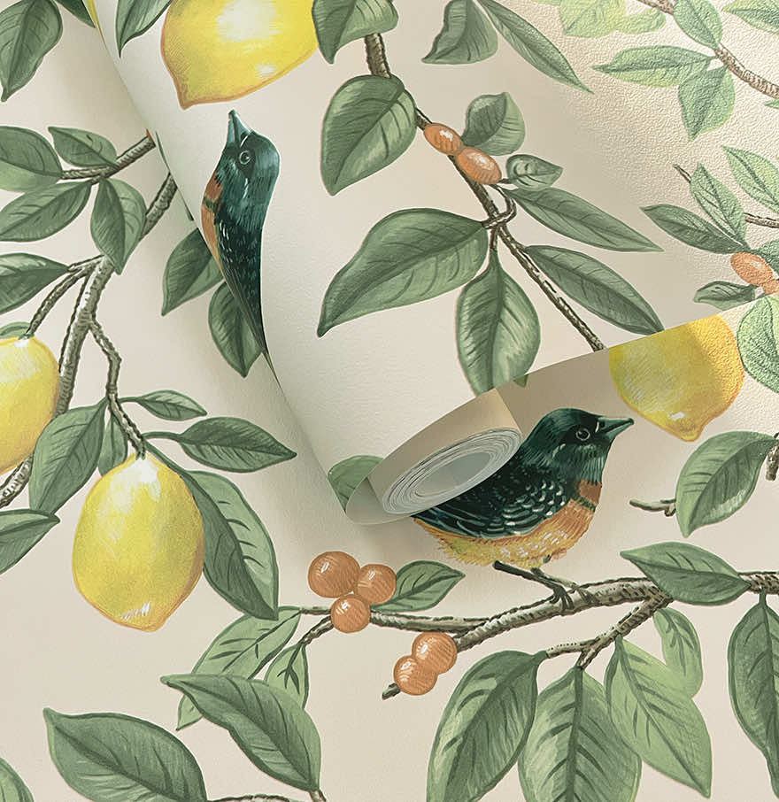 Sample - Ponderosa Bird and Lemon Wallpaper - Cream/Orange