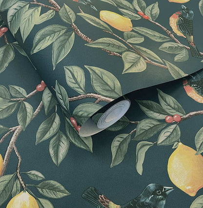 Ponderosa Bird and Lemon Wallpaper - Teal
