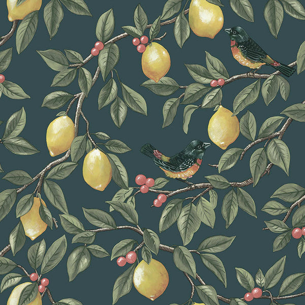 Sample - Ponderosa Bird and Lemon Wallpaper - Teal