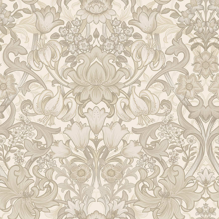Neutral floral damask wallpaper with a large lotus, tiger lilies and acanthus scrollwork in stone and taupe — flat pattern detail