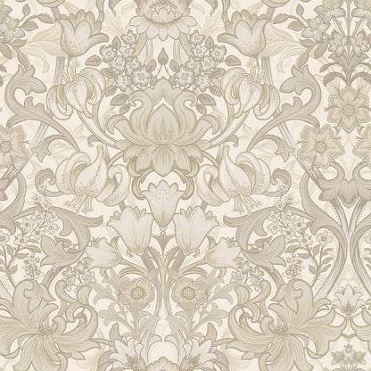 Neutral floral damask wallpaper with a large lotus, tiger lilies and acanthus scrollwork in stone and taupe — flat pattern detail