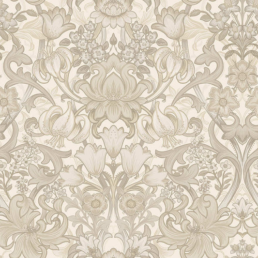 Neutral floral damask wallpaper with a large lotus, tiger lilies and acanthus scrollwork in stone and taupe — flat pattern detail