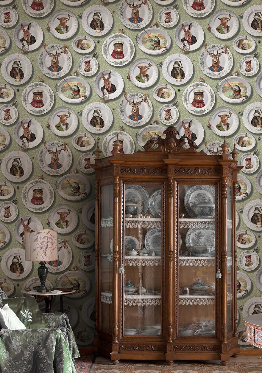 Tales of the Manor - Fun Animal Wallpaper - Sage Green