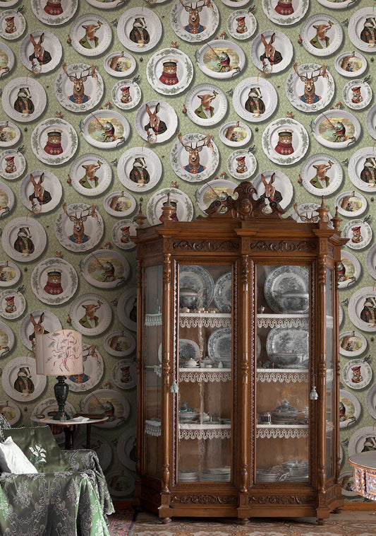 Tales of the Manor - Fun Animal Wallpaper - Sage Green
