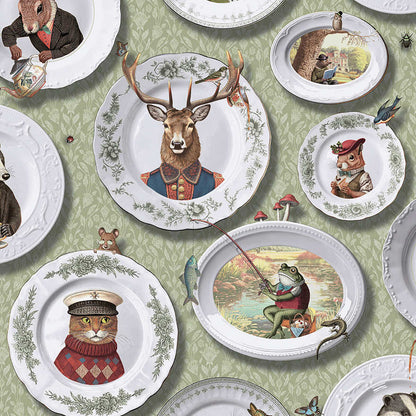 Tales of the Manor - Fun Animal Wallpaper - Sage Green