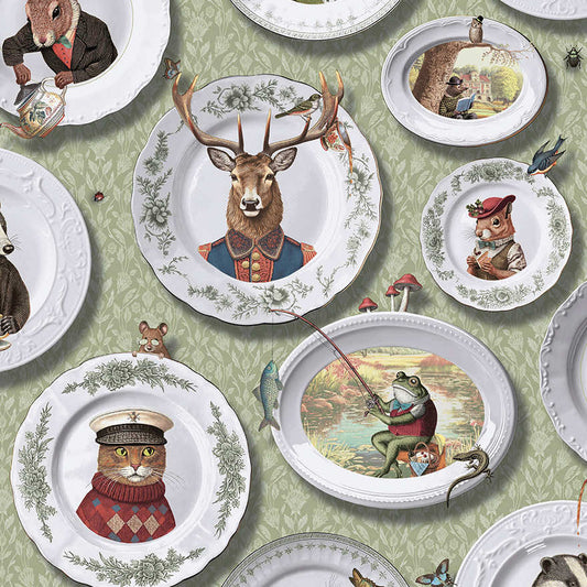 Tales of the Manor - Fun Animal Wallpaper - Sage Green