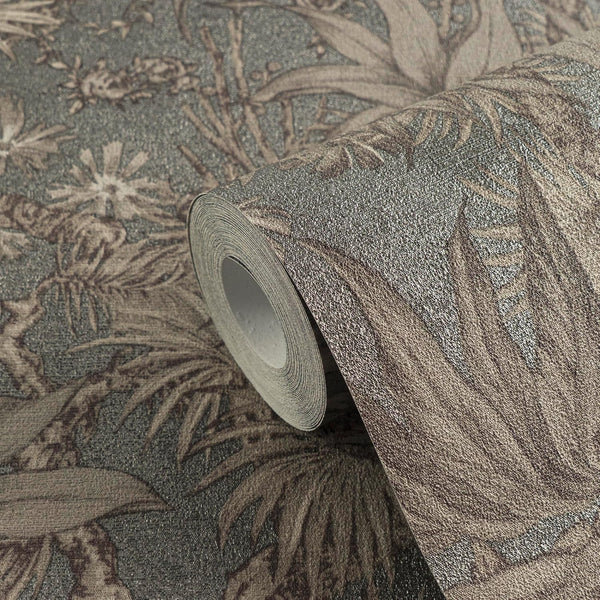 Sample - Sepia Memories -  Jungle Wallpaper - Grey Metallic