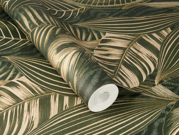 Sample - Exotic Leaves Wallpaper - Dark Green and Gold