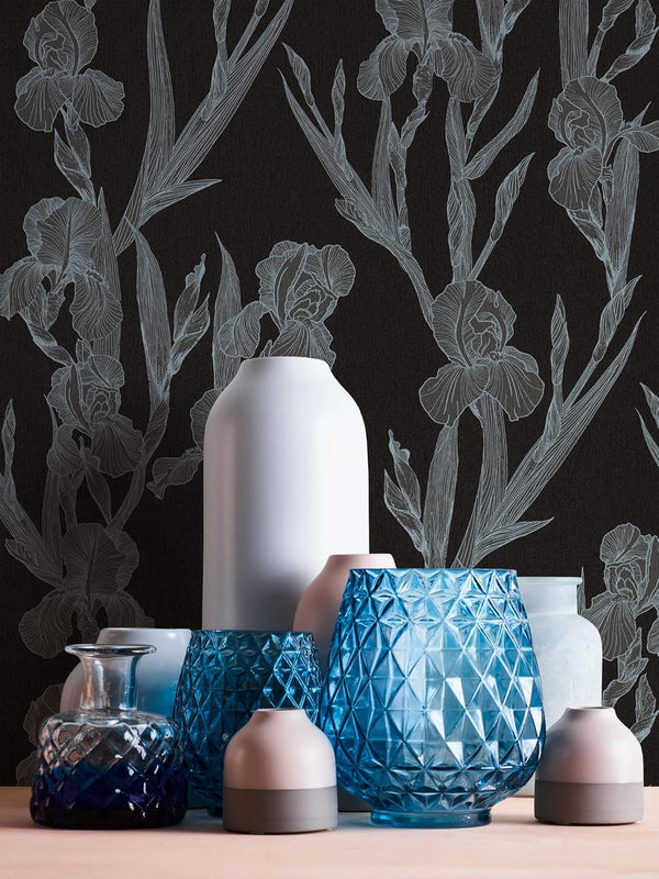 Sample - Iris - Floral Daniel Hechter Wallpaper - Black