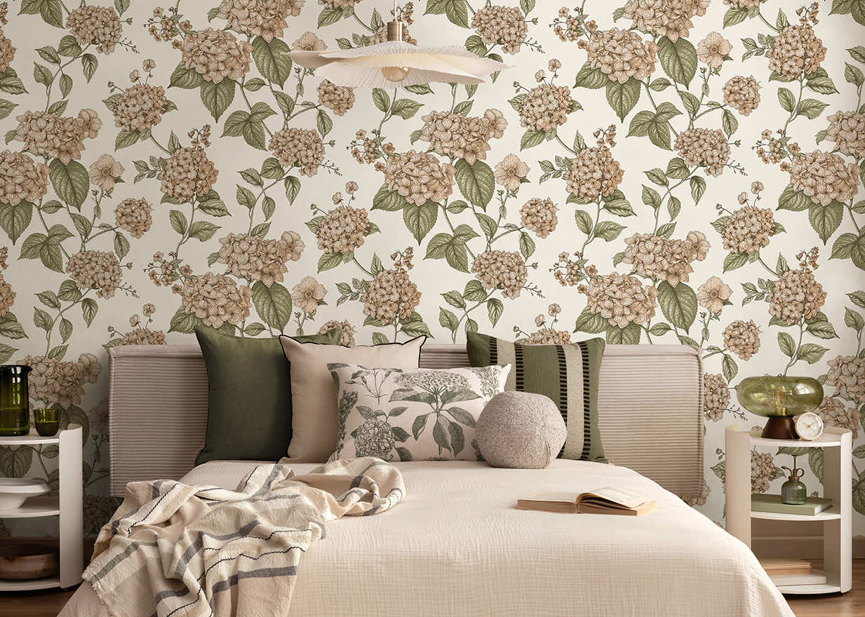 Hortensia - Hydrangea Wallpaper - Coral/Green