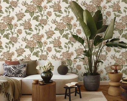 Hortensia - Hydrangea Wallpaper - Coral/Green