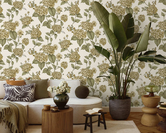 Hortensia - Hydrangea Wallpaper - Ochre/Green