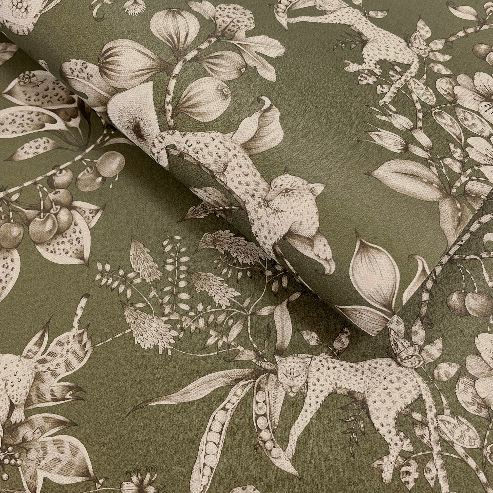 Liana Khaki wallpaper roll showing the tonal leopard and pomegranate repeat