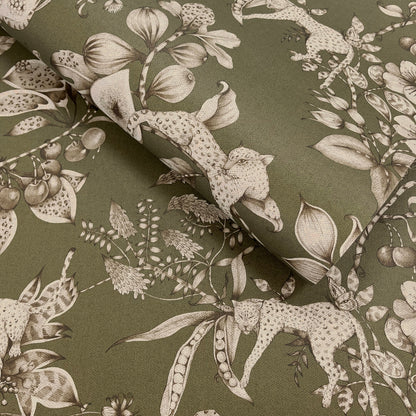 Liana Khaki wallpaper roll showing the tonal leopard and pomegranate repeat