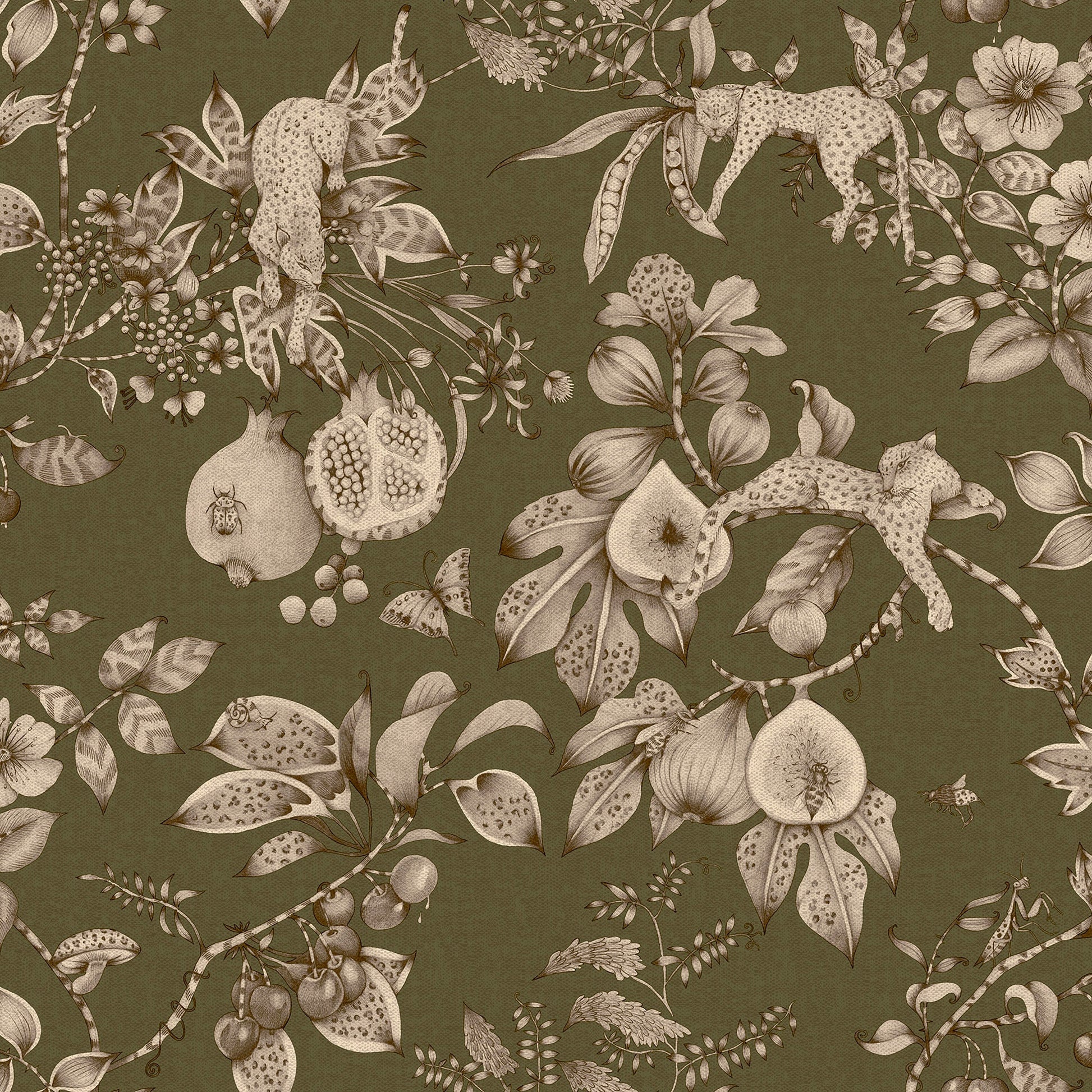 Khaki leopard and pomegranate wallpaper — flat pattern detail, Liana by The Inside