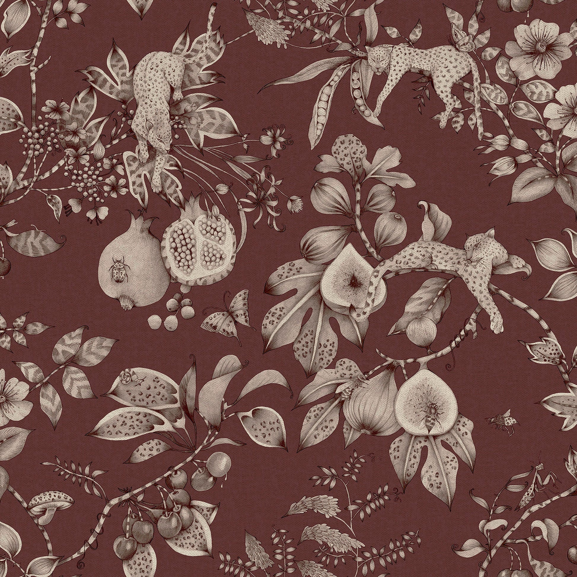 Maroon leopard and pomegranate wallpaper — flat pattern detail, Liana by The Inside