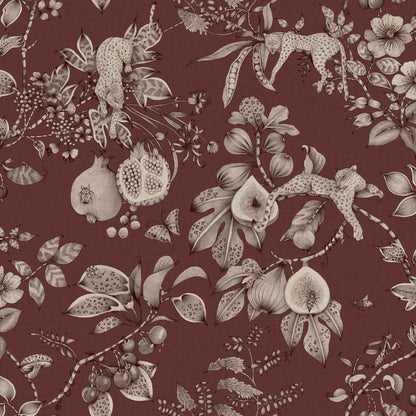 Maroon leopard and pomegranate wallpaper — flat pattern detail, Liana by The Inside