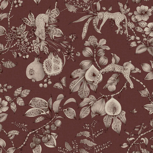 Maroon leopard and pomegranate wallpaper — flat pattern detail, Liana by The Inside