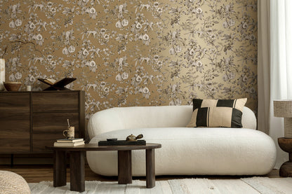 Liana wallpaper in Gold on a feature wall, leopards and pomegranates in fine linework