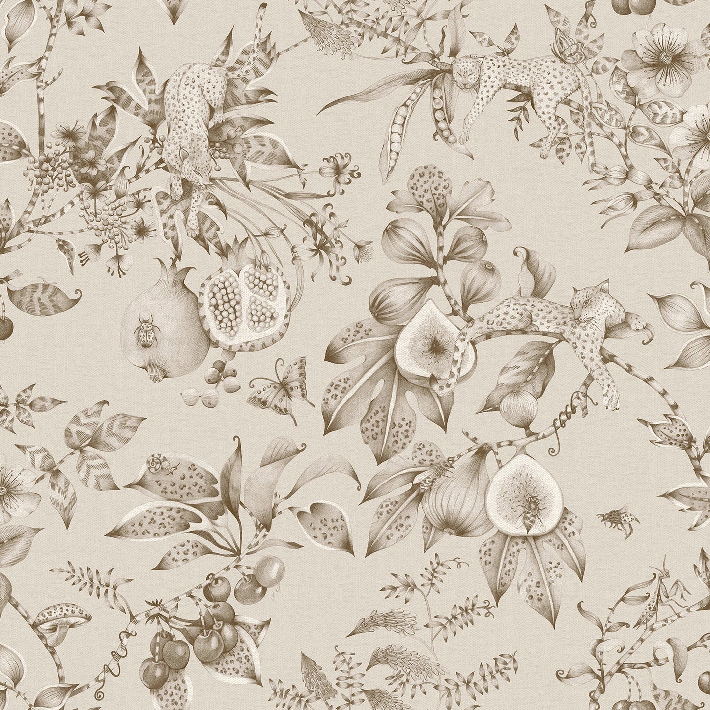 Beige leopard and pomegranate wallpaper — flat pattern detail, Liana by The Inside