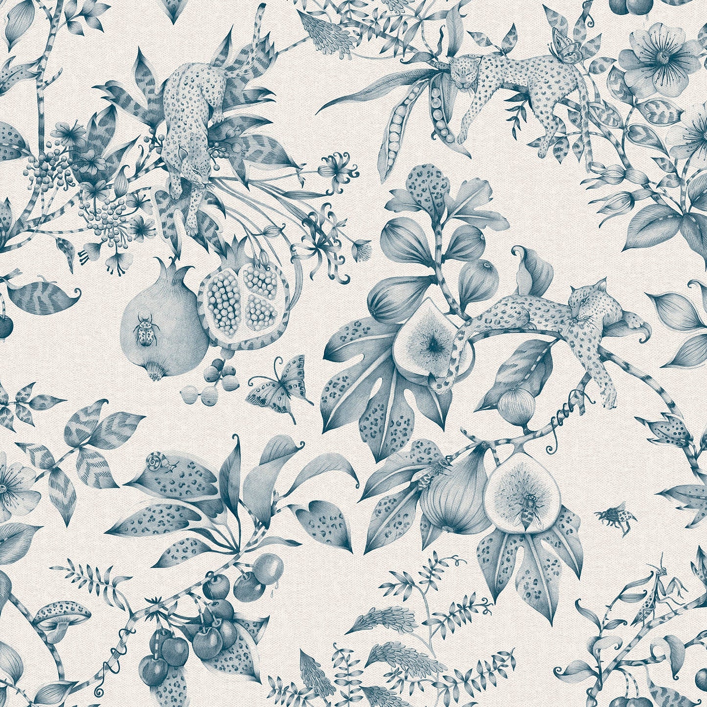 Cream and teal leopard and pomegranate wallpaper — flat pattern detail, Liana by The Inside