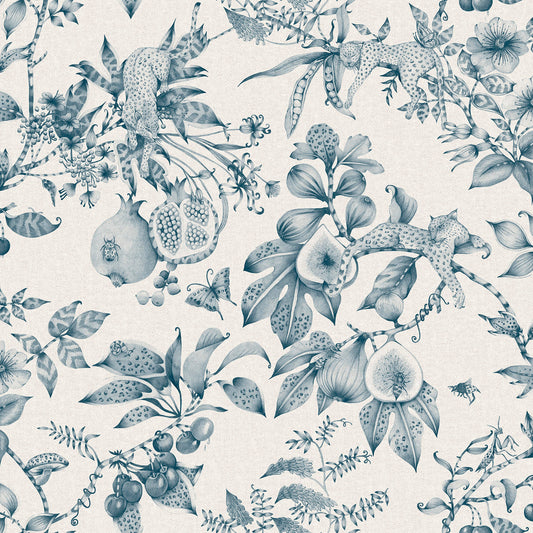 Cream and teal leopard and pomegranate wallpaper — flat pattern detail, Liana by The Inside