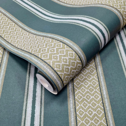 Patola Dark Teal wallpaper roll showing the woven-stripe repeat
