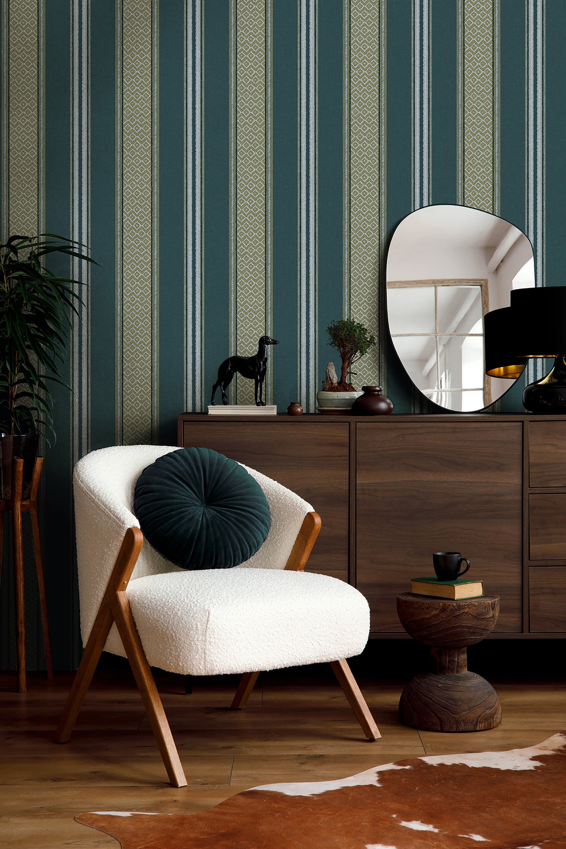 Patola wallpaper in Dark Teal on a feature wall, fabric-textured stripe detail
