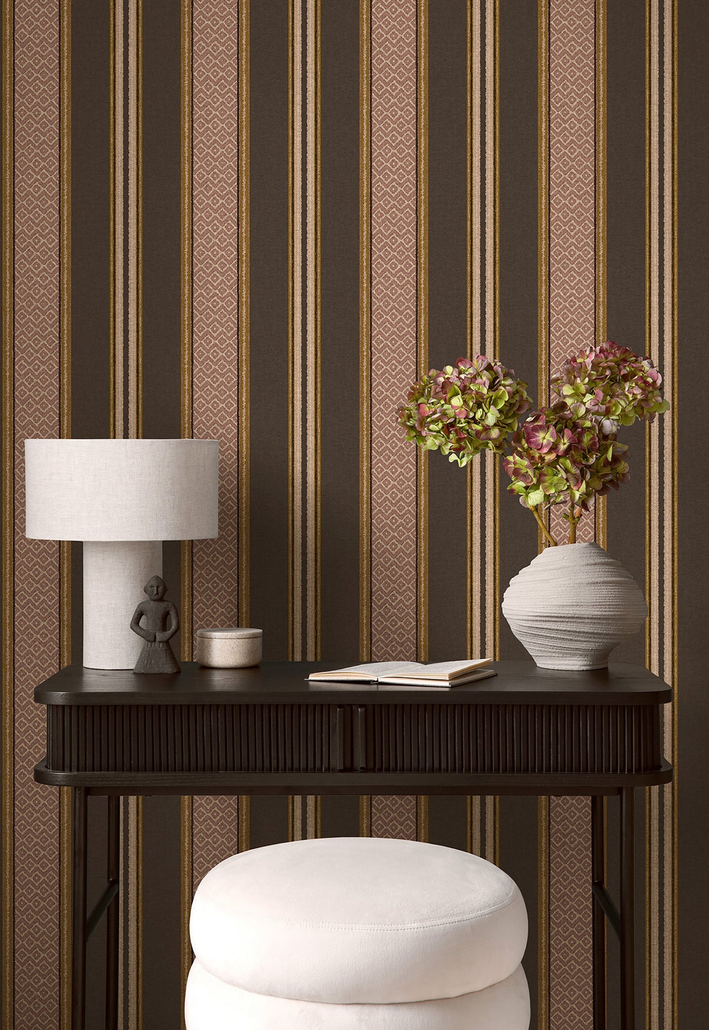 Patola wallpaper in Charcoal on a feature wall, fabric-textured stripe detail