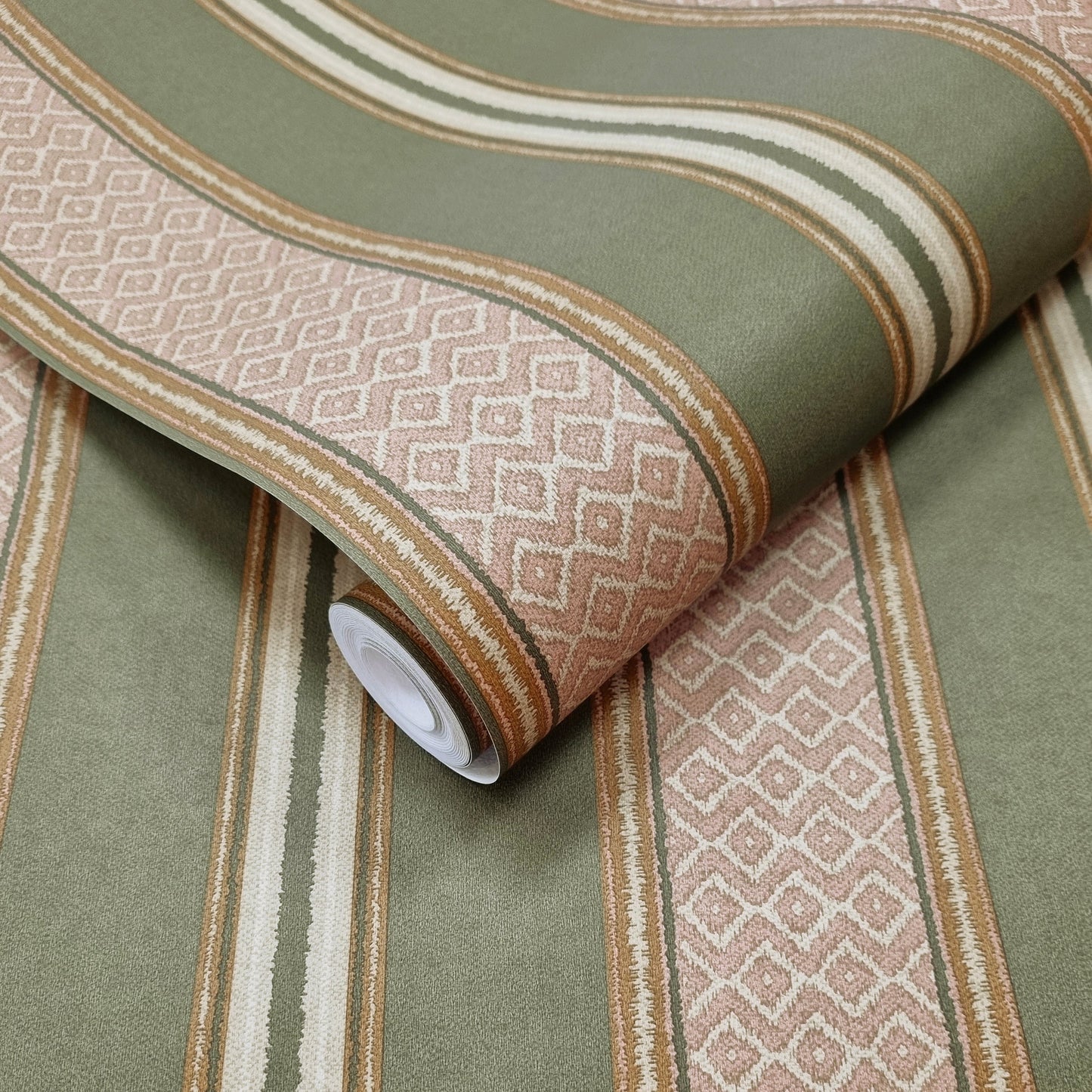Patola Khaki wallpaper roll showing the woven-stripe repeat
