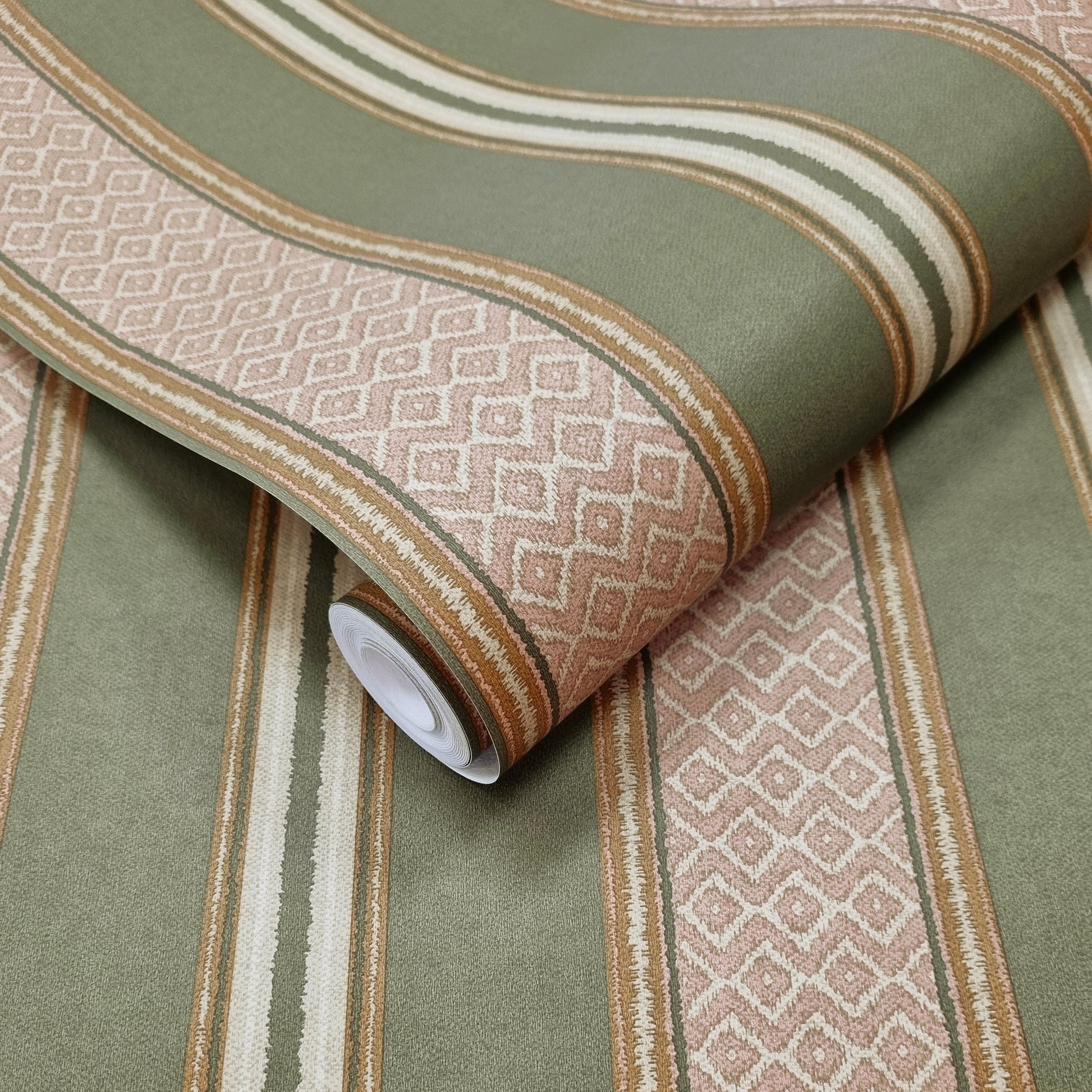 Patola Khaki wallpaper roll showing the woven-stripe repeat