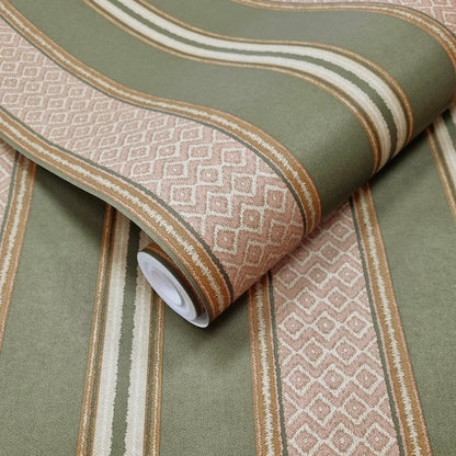 Patola Khaki wallpaper roll showing the woven-stripe repeat