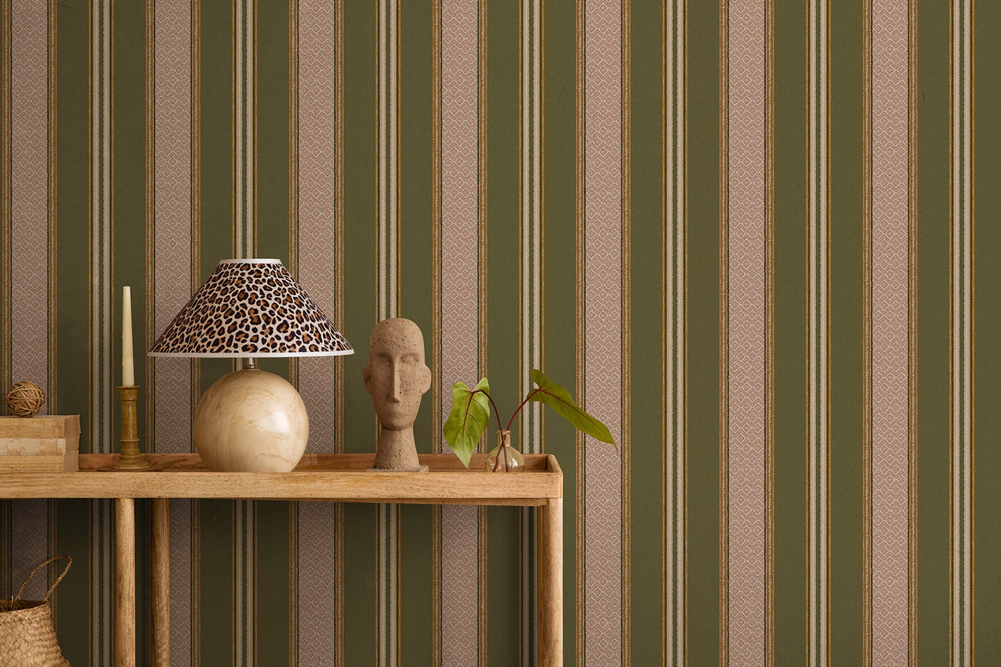 Patola wallpaper in Khaki on a feature wall, fabric-textured stripe detail
