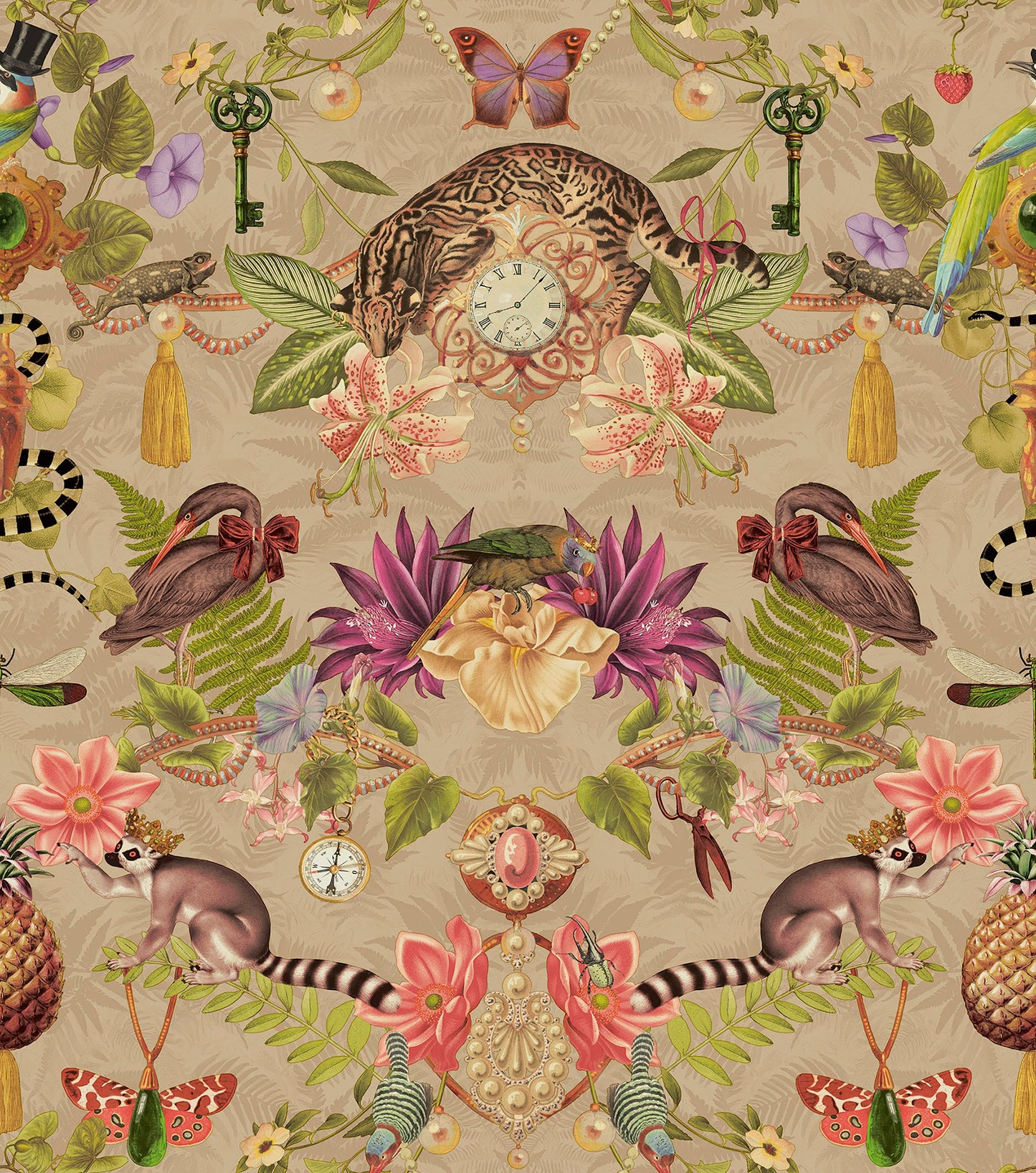 Gold curiosities-cabinet wallpaper with a spotted wildcat, pocket watch, lemurs and parrots — flat pattern detail