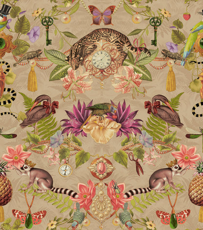 Gold curiosities-cabinet wallpaper with a spotted wildcat, pocket watch, lemurs and parrots — flat pattern detail