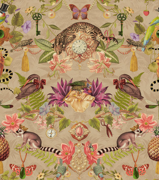Gold curiosities-cabinet wallpaper with a spotted wildcat, pocket watch, lemurs and parrots — flat pattern detail