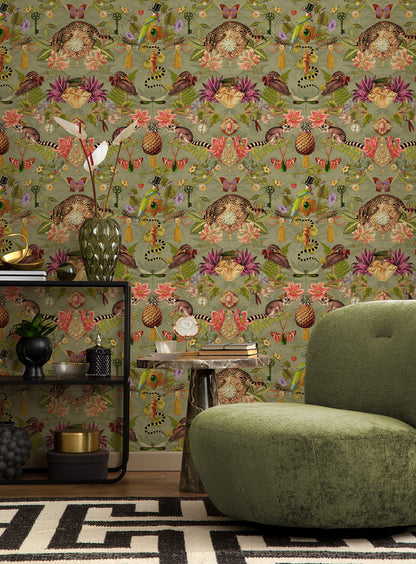 Bohème wallpaper in Sage, second room setting showing the mirrored curiosity-cabinet pattern
