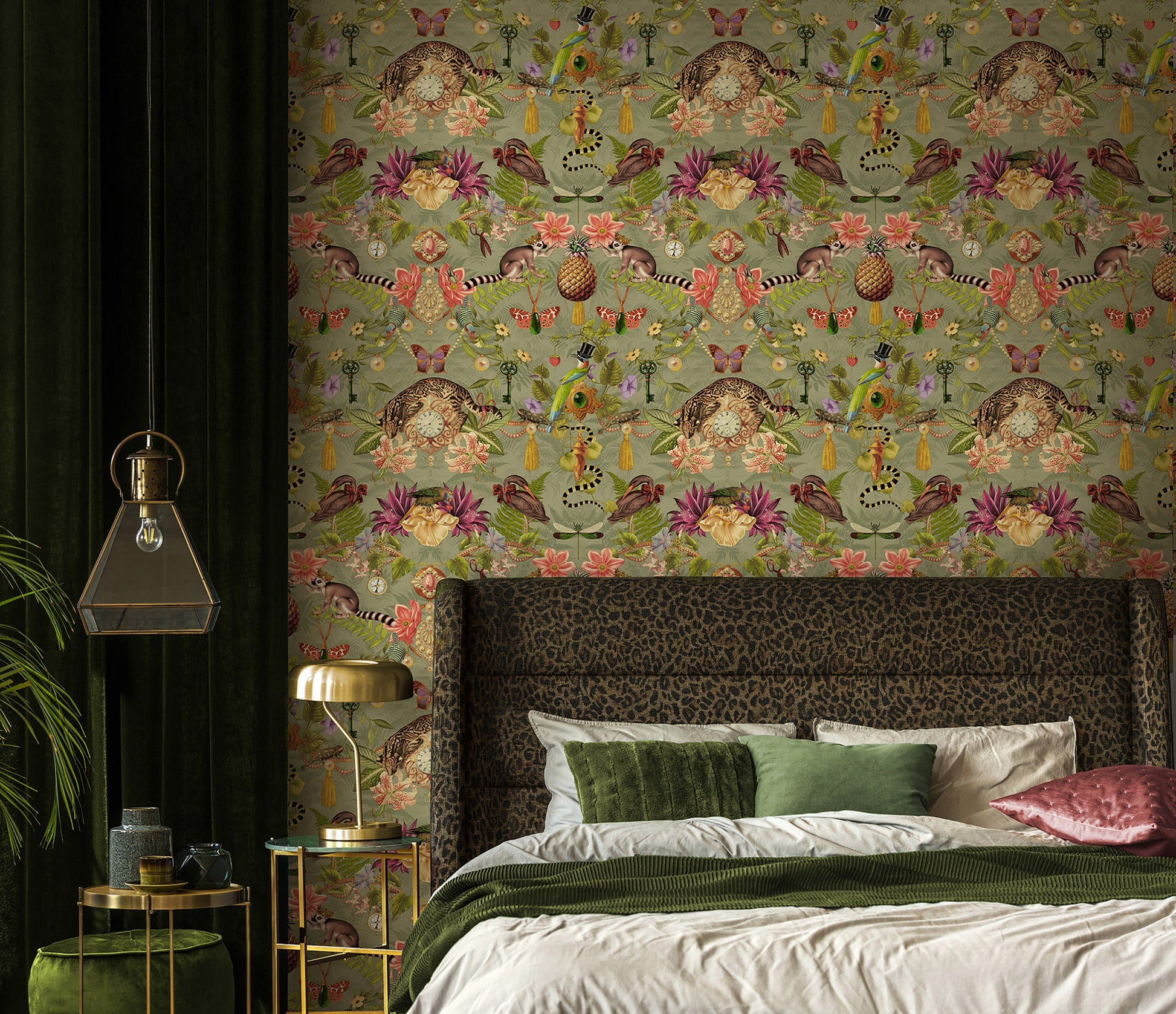 Bohème wallpaper in Sage on a feature wall, showing the mirrored curiosity-cabinet pattern