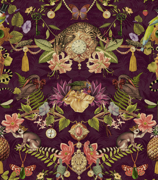 Berry curiosities-cabinet wallpaper with a spotted wildcat, pocket watch, lemurs and parrots — flat pattern detail